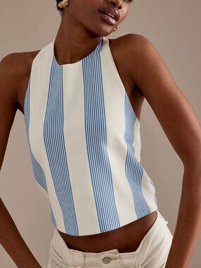 Anthropologie Bishop and Young Striped Blue Halter Tank Top Size XL